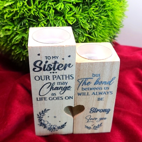 TO MY SISTER poem on dual wooden pedestal tea light candle holders NWT - Picture 2 of 5
